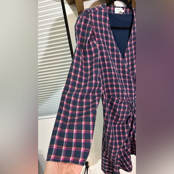 Tanya Taylor Lexi Wrap Dress in Pink Navy Plaid Long Sleeve 8 - Picture 13 of 16